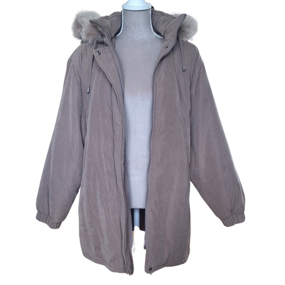 Faux Fur Winter Jacket Parka Jacqueline Ferrar Sz L Taupe Cold Weather Coat - Picture 2 of 8